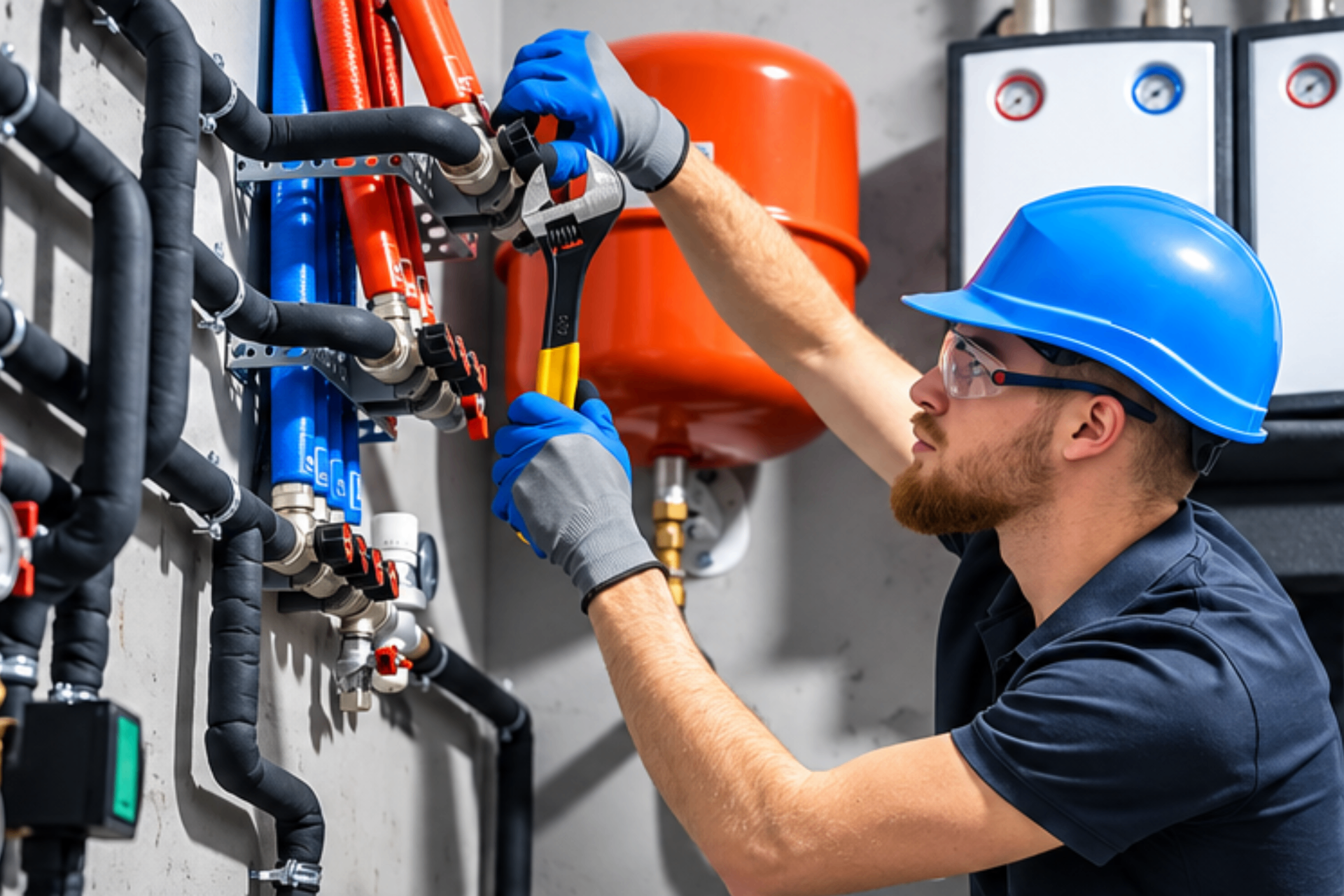 Técnico inspecionando tubulação hidráulica